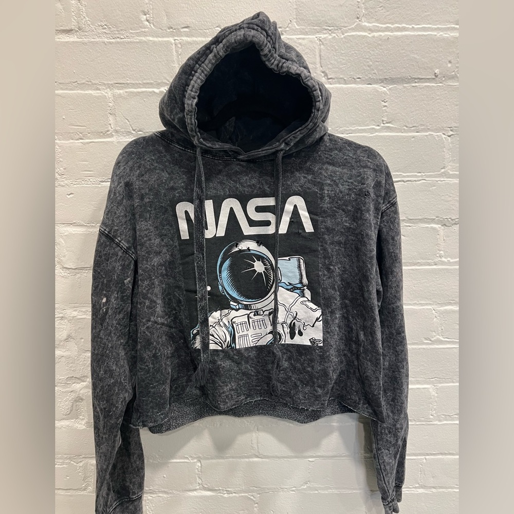 NASA distressed cropped acid wash hooded sweatshirt - Medium Women’s